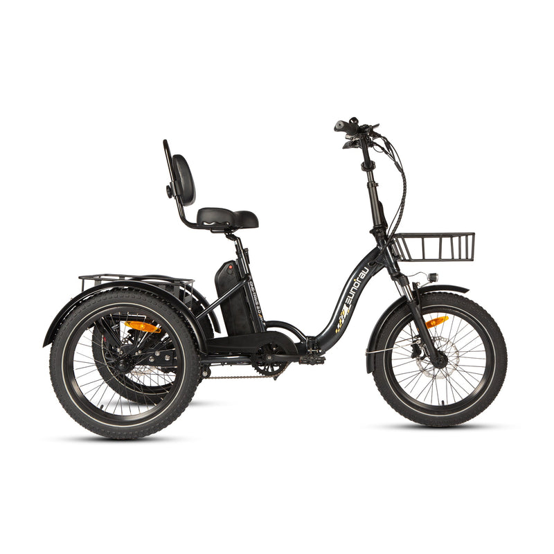 Black EUNORAU E-BIKE US ONE-TRIKE 2.0 electric bicycle with three wheels and sleek design, shown from the front angle.