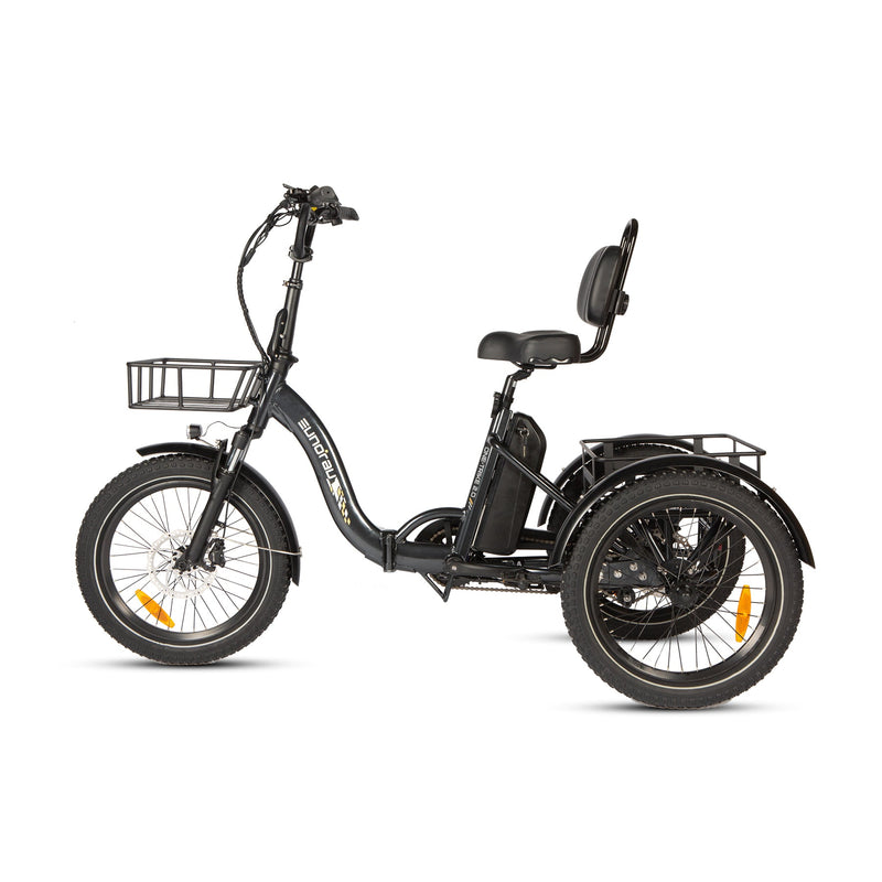 Black EUNORAU E-BIKE US ONE-TRIKE 2.0 electric bicycle with sleek design and three wheels, suitable for urban commuting.