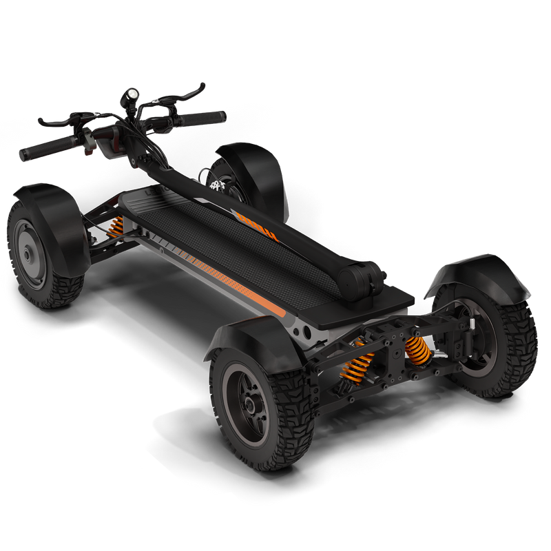 Folded CycleBoard X-Quad 3000 electric skateboard showing its compact, portable design with deck and wheels visible.