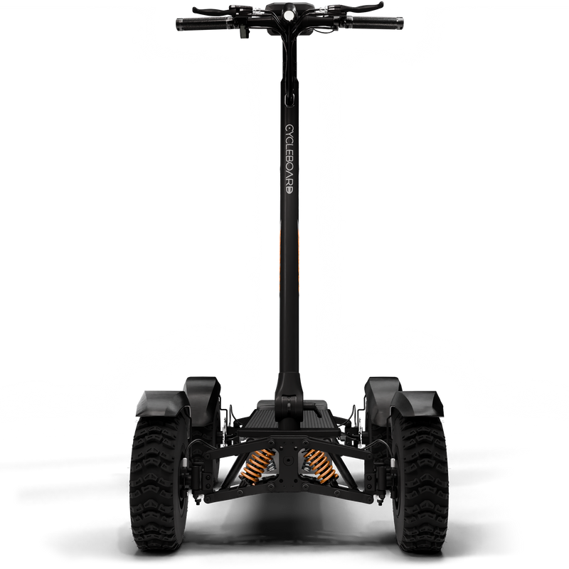 CycleBoard X-Quad 3000 fat tire electric board with fenders, gray color, and front view showing sturdy design and oversized tires.