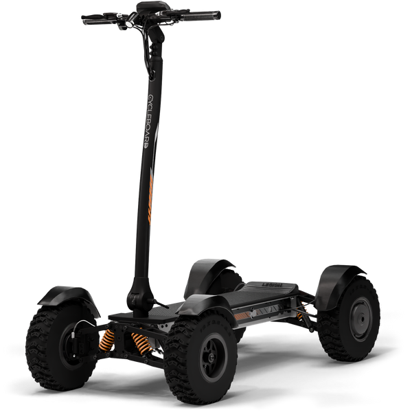 CycleBoard X-Quad 3000 board with gray fat tires and fenders, showcasing a sturdy electric skateboard design.