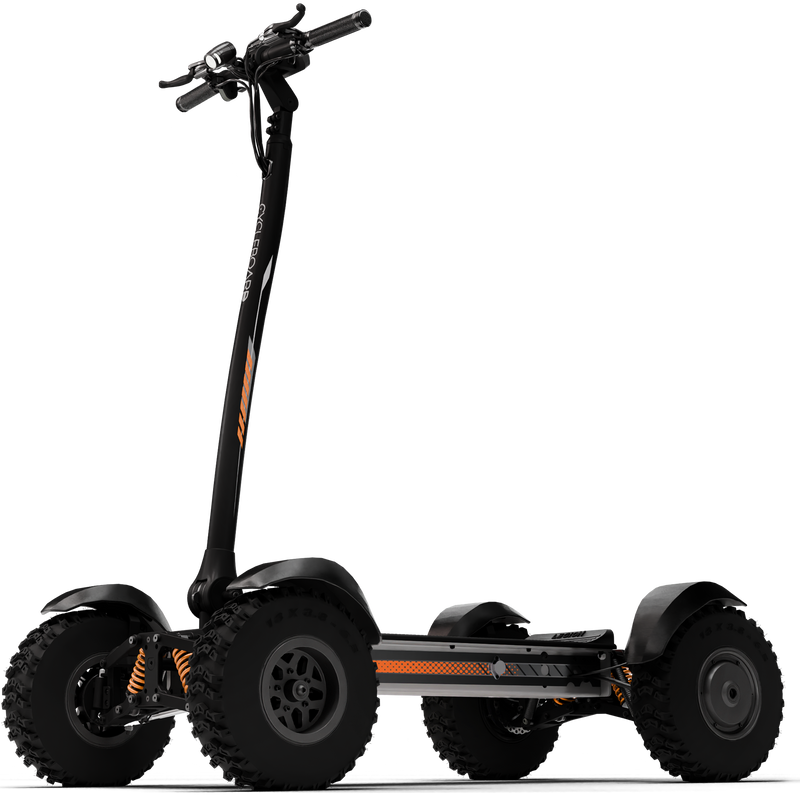 CycleBoard X-Quad 3000 grey electric board with fat tires and fenders, shown from a low side angle.