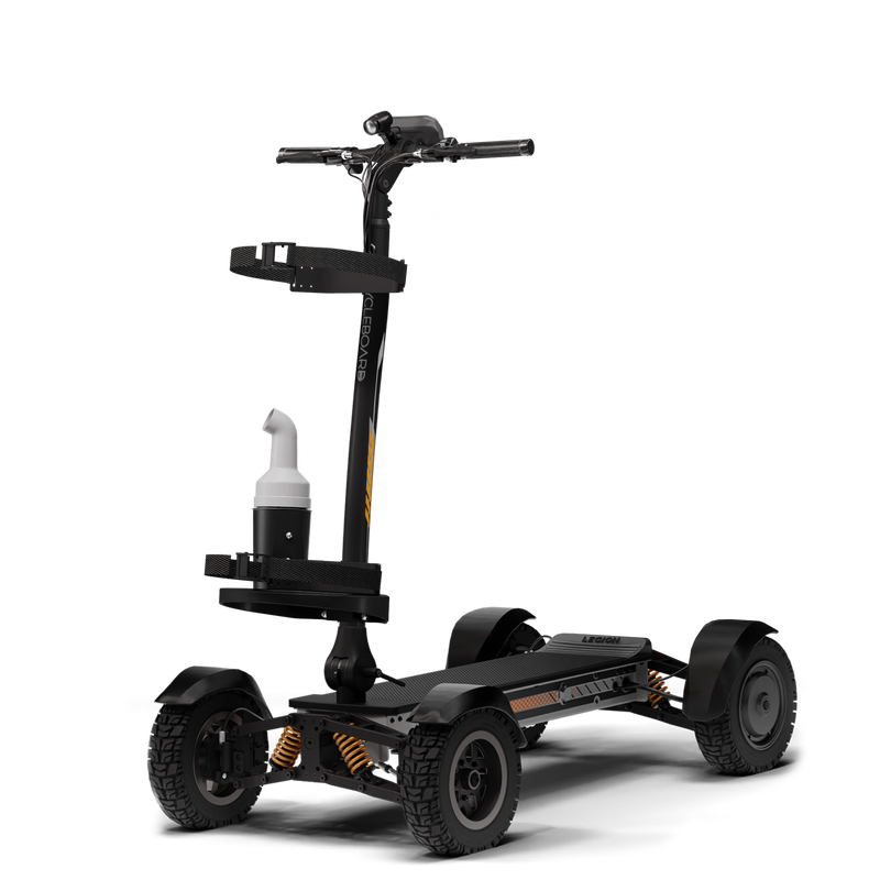 CycleBoard X-Quad 3000 grey electric golf board with 11-inch wheels and accessories, designed for smooth outdoor golf course rides.