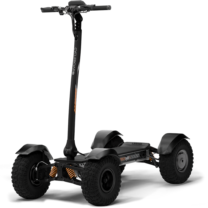 CycleBoard X-Quad 3000 grey electric skateboard with 14x5 tires, fenders, and sleek design.