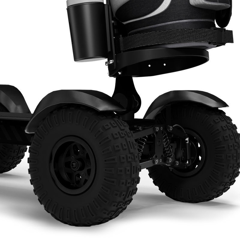 CycleBoard X-Quad 3000 grey electric golf board with fat tires, front close-up of bag and chest in golf package.