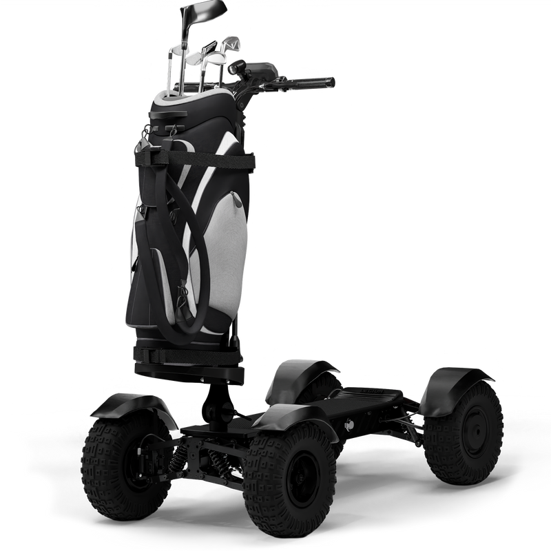 CycleBoard X-Quad 3000 grey golf board with fat tires, shown with golf package, bag, and chest for outdoor riding and golf outings.