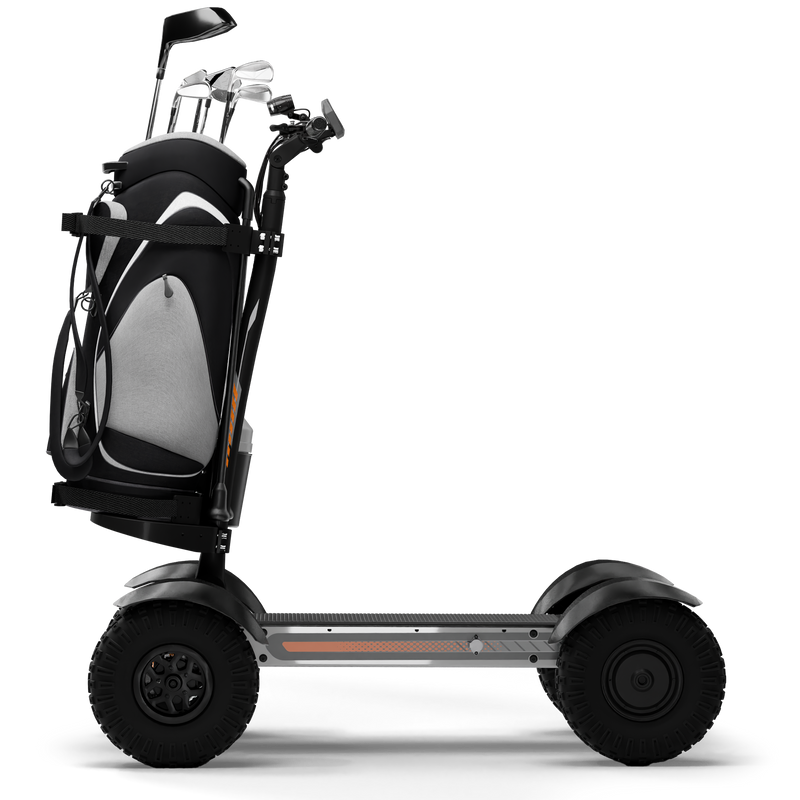 CycleBoard X-Quad 3000 grey electric golf board with fat tires, golf package, bag, and chest, shown from side view