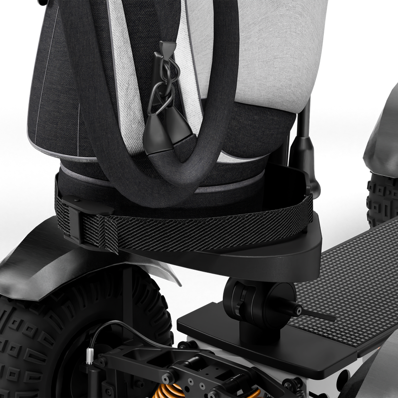 CycleBoard X-Quad 3000 grey electric golf board with fat tires, shown with included golf bag and chest/back storage.