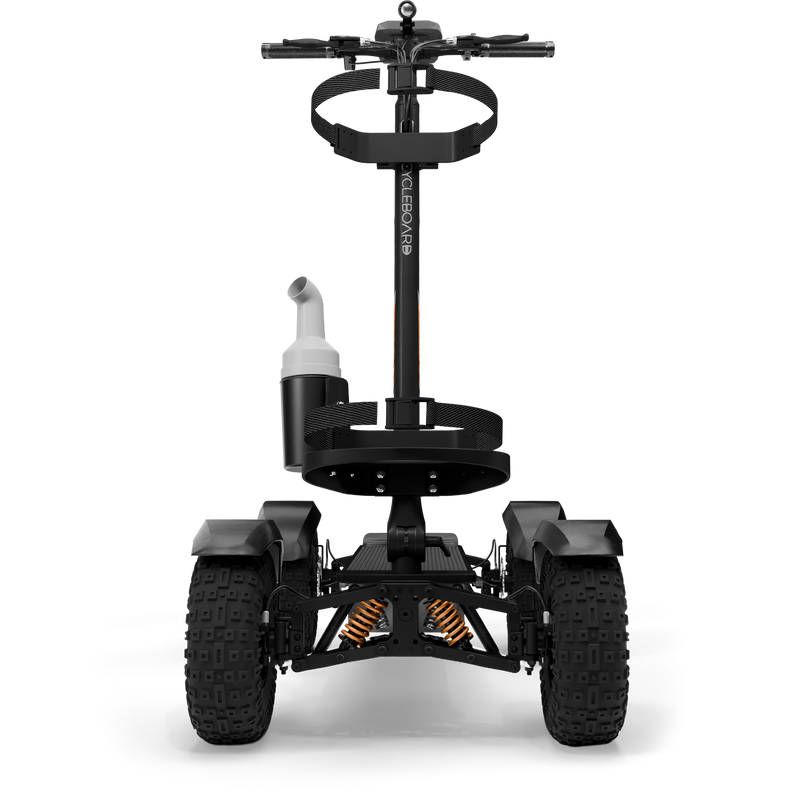 CycleBoard X-Quad 3000 grey electric golf board with fat tires, shown with golf bag and chest back in front view.