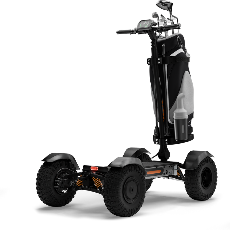 CycleBoard X-Quad 3000 grey golf board with fat tires, shown with golf bag and chest back, side view.