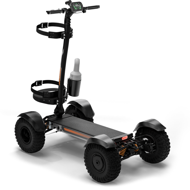 CycleBoard X-Quad 3000 grey electric golf board with fat tires, shown from the back side in the golf package setup.