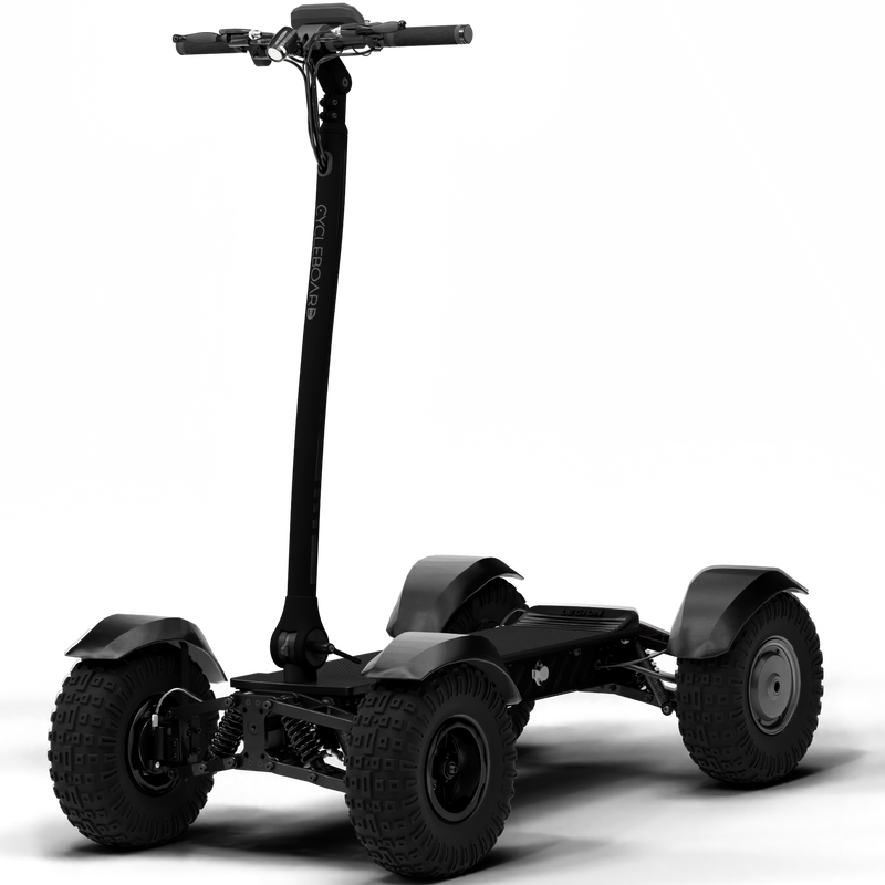 CycleBoard X-Quad 3000 electric board with 14x5 tires, stealth design, and fenders, showcasing its sleek onboard features.