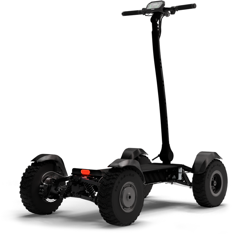 CycleBoard X-Quad 3000 fat tire electric board with fenders, shown from the back side, featuring a sleek design and sturdy build.