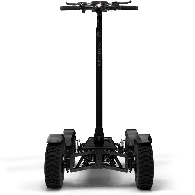 CycleBoard X-Quad 3000 fat tire board with fenders and front view, designed for stability and off-road performance