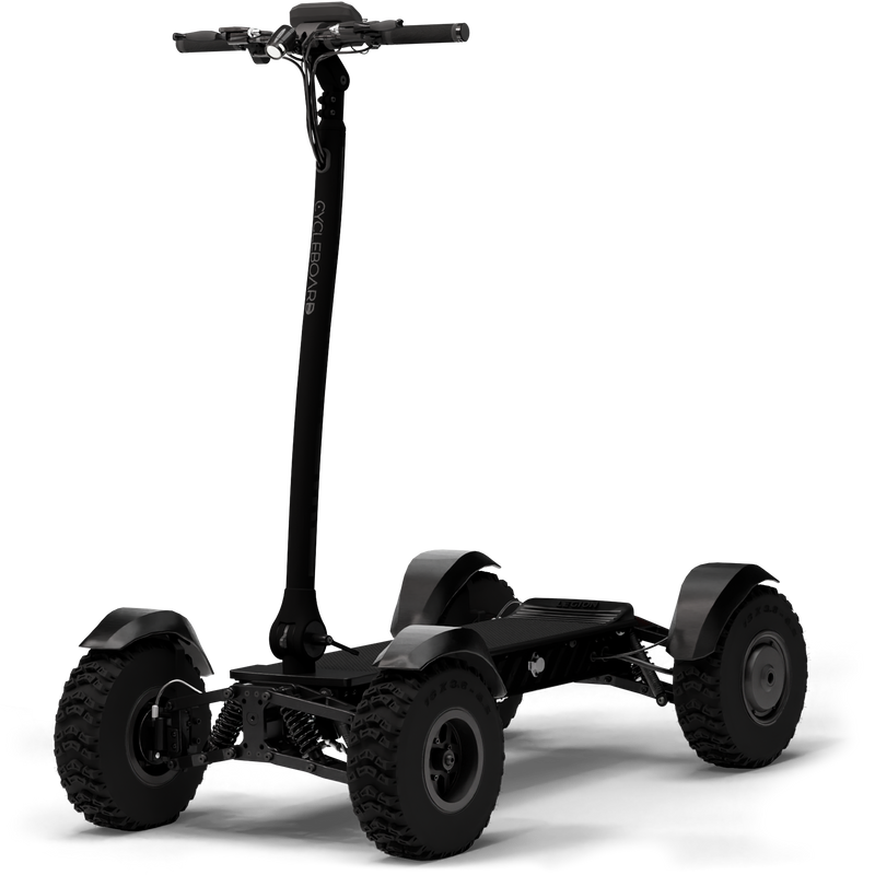 CycleBoard X-Quad 3000 fat tire electric skateboard with fenders, black stealth design, sturdy board for off-road riding.