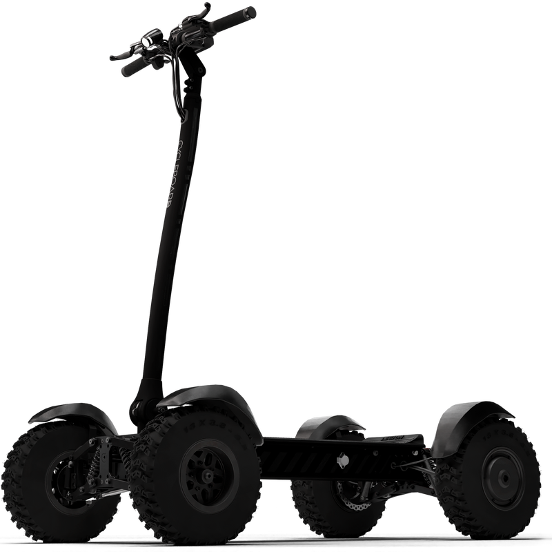 CycleBoard X-Quad 3000 board with stealth fat tires, fenders, and low-side design for versatile urban riding.