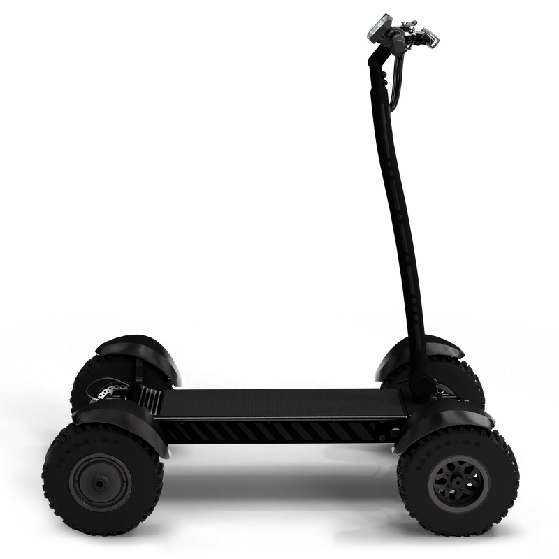 CycleBoard X-Quad 3000 board with stealth design, fat tires, and fenders, shown from the side.