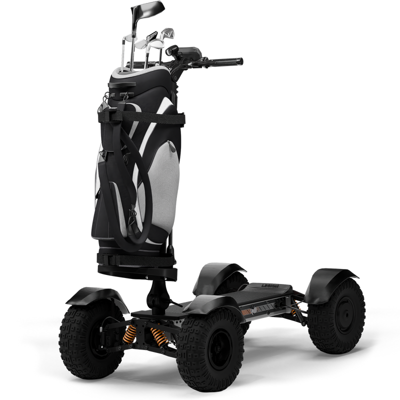 CycleBoard X-Quad 3000 stealth fat tire golf board with bag and chest for outdoor golf course riding.