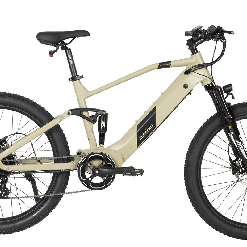 EUNORAU E-BIKE US Defender electric bicycle with black frame and fat tires, ready for off-road riding.