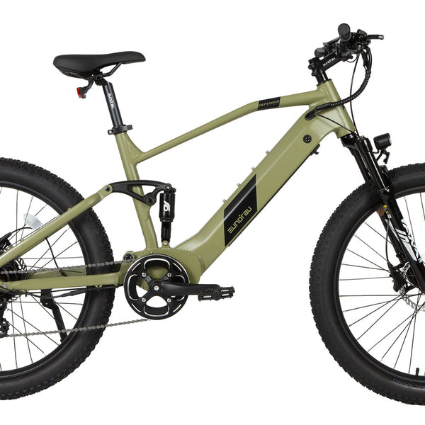 EUNORAU E-BIKE US Defender electric bicycle with black frame and mountain bike design, front suspension and thick tires.