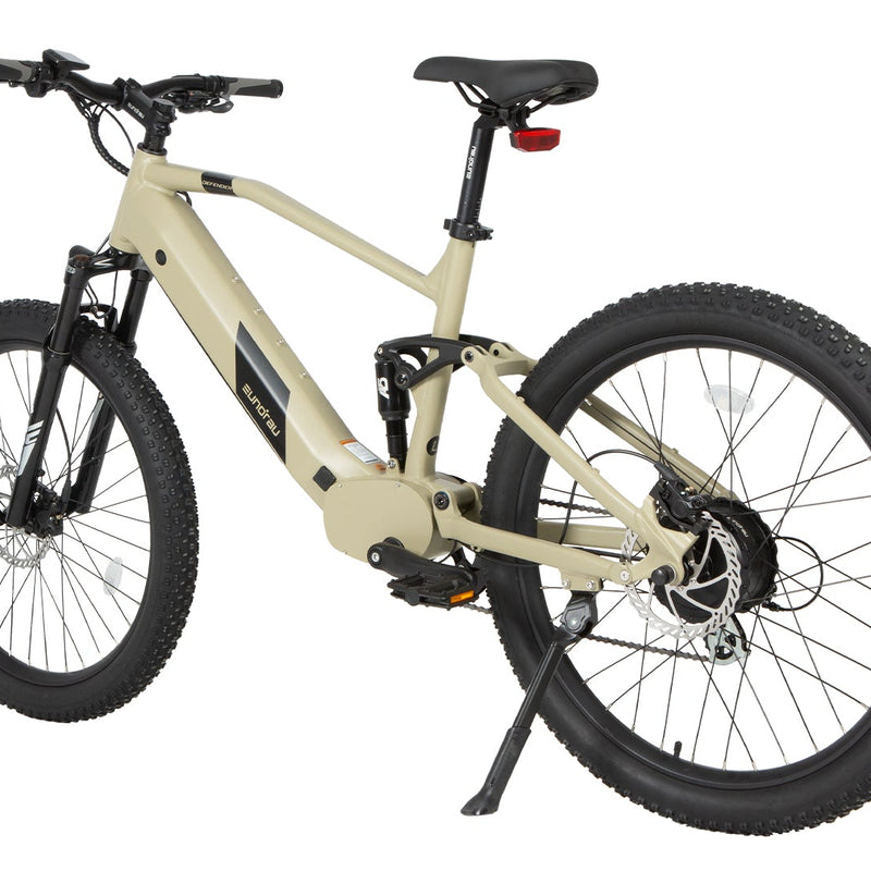 EUNORAU E-BIKE US Defender electric bicycle with black frame and sturdy design, featuring a battery pack and digital display.