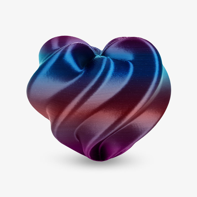 Shiny gradient pink and purple PLA silk filament spool from Amolen for 3D printing, 1.75mm diameter, 1kg weight.