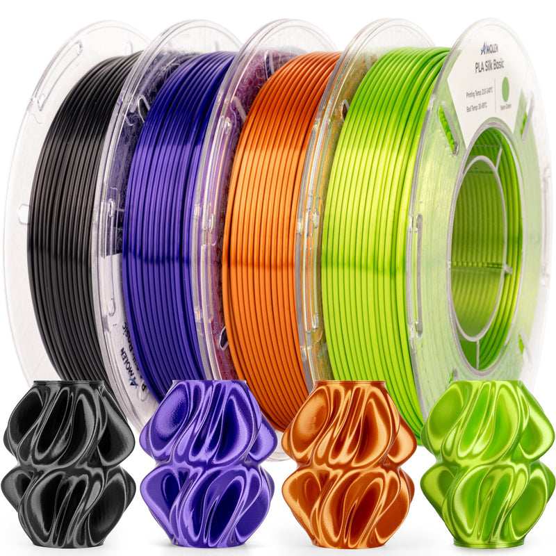 Amolen PLA Silk Basic Variety Pack with four 200g spools of 1.75mm filament, showing colorful PLA filament spools.