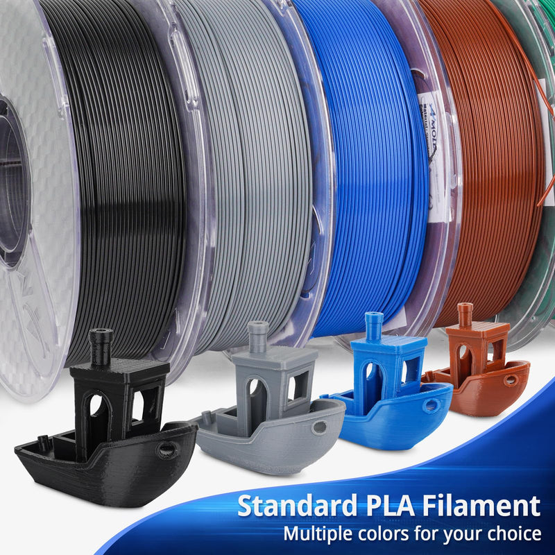 Amolen PETG Basic Variety Pack with four 200g dark grey and other color PLA filament spools for 3D printing.