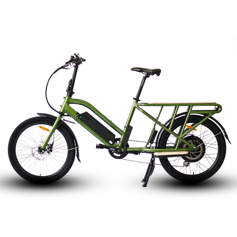 EUNORAU MAX-CARGO 2.0 electric bicycle in green, featuring a sturdy frame and cargo rack for versatile riding.