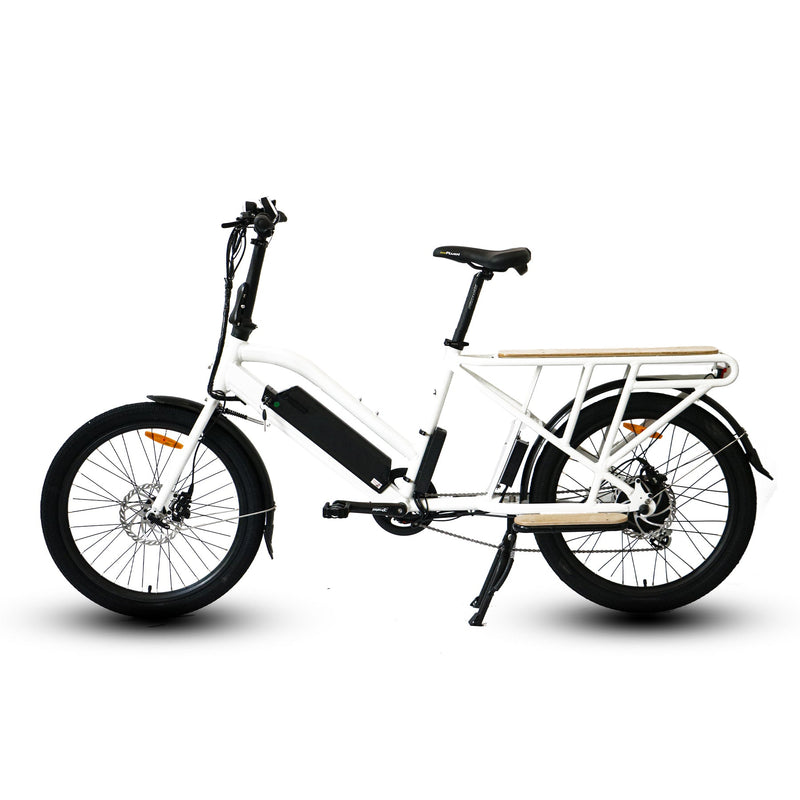 White MAX-CARGO 2.0 electric bicycle by EUNORAU E-BIKE US shown outdoors with cargo rack and sturdy frame.