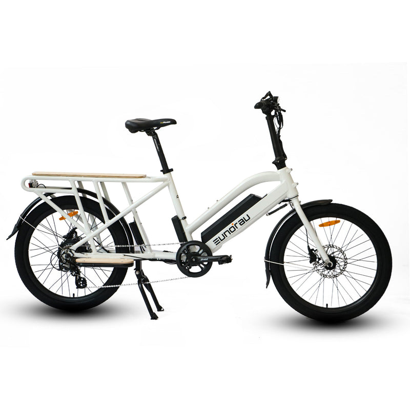 White MAX-CARGO 2.0 electric bicycle by EUNORAU E-BIKE US, showcasing its cargo rack and sturdy frame.