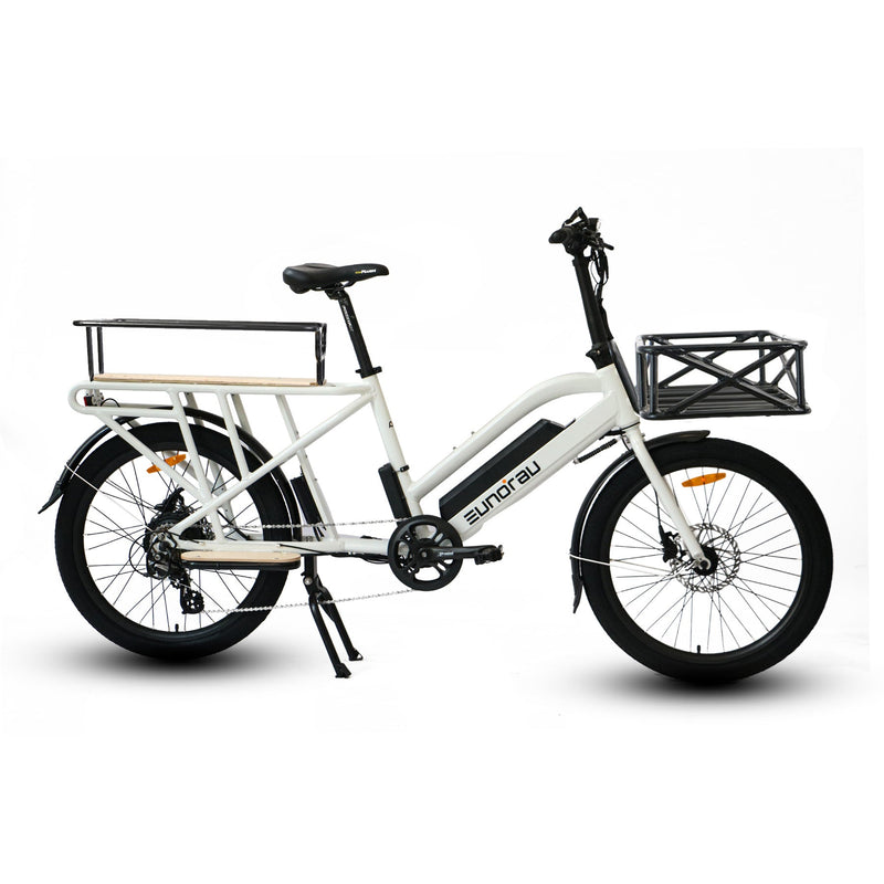 EUNORAU MAX-CARGO 2.0 electric bicycle in white with front basket, designed for cargo transportation and urban commuting.
