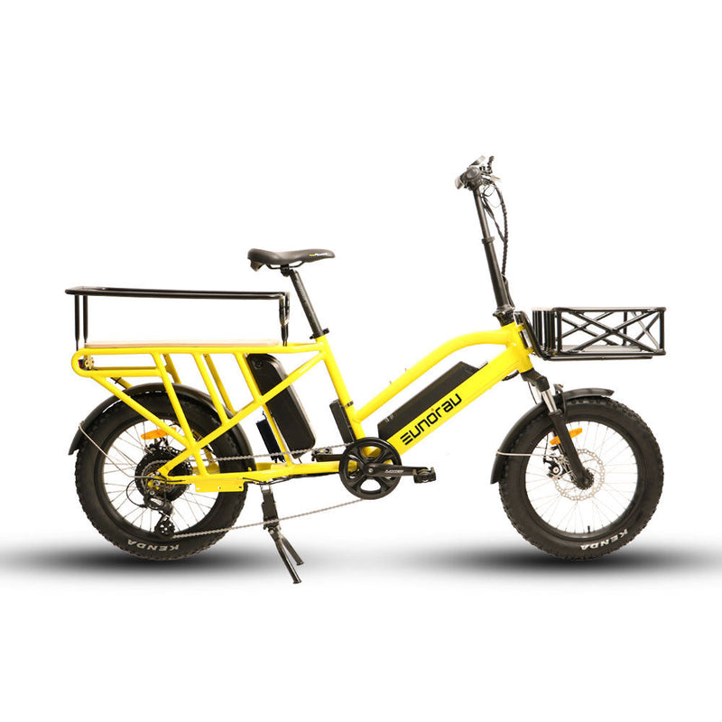 EUNORAU E-BIKE US G30-CARGO 2.0 electric bicycle with a sturdy cargo frame and large wheels, shown outdoors on a city street.