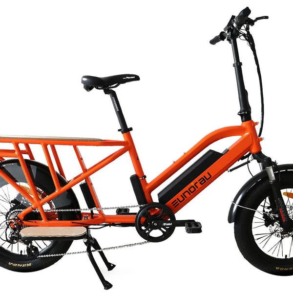 EUNORAU E-BIKE US G30-CARGO 2.0 electric bicycle with cargo rack, black frame, and sturdy design for urban hauling.