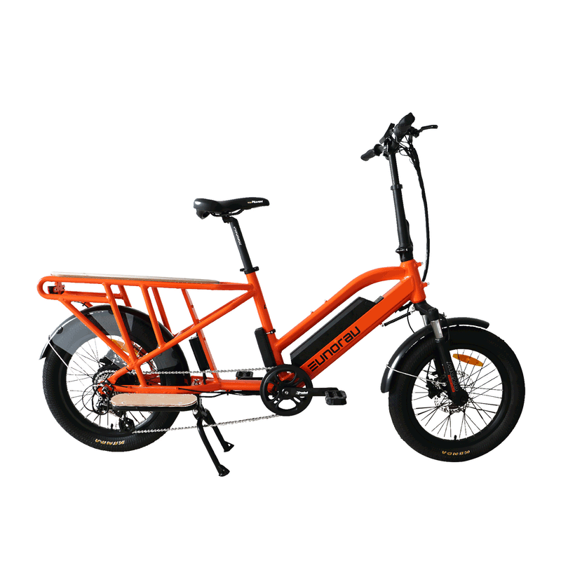 Orange EUNORAU G30-CARGO 2.0 electric bicycle with a baby seat attached, showcasing its cargo and passenger capacity.