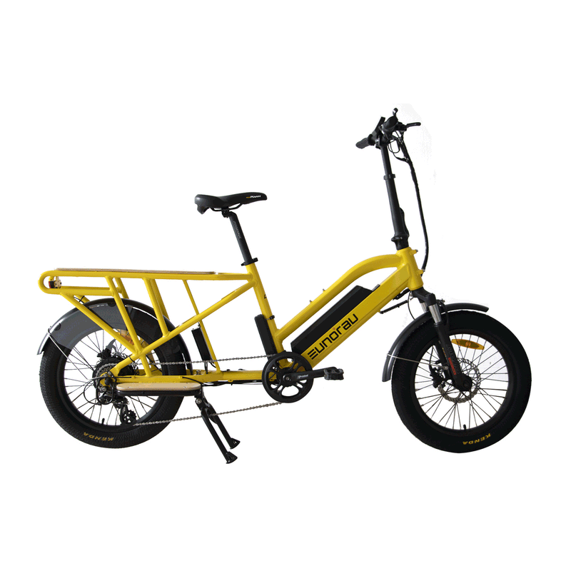 Yellow G30-CARGO 2.0 electric bicycle by EUNORAU E-BIKE US with a child seat attached, ready for urban commuting.