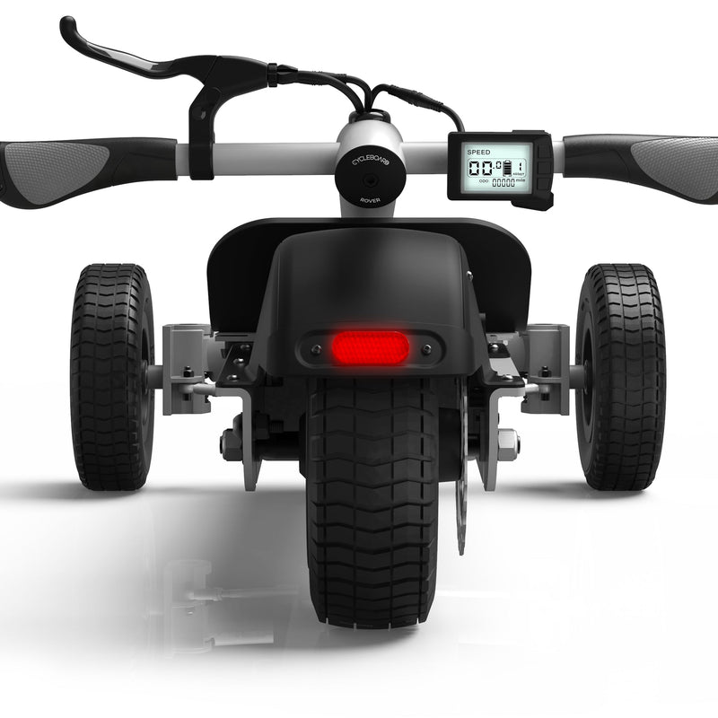 CycleBoard Rover electric skateboard with black deck and rear view, showcasing its sturdy build and design features.