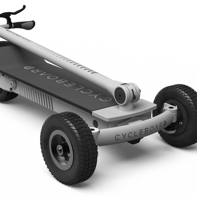 Folded CycleBoard Rover electric skateboard with black deck and wheels, compact and portable for easy transport.