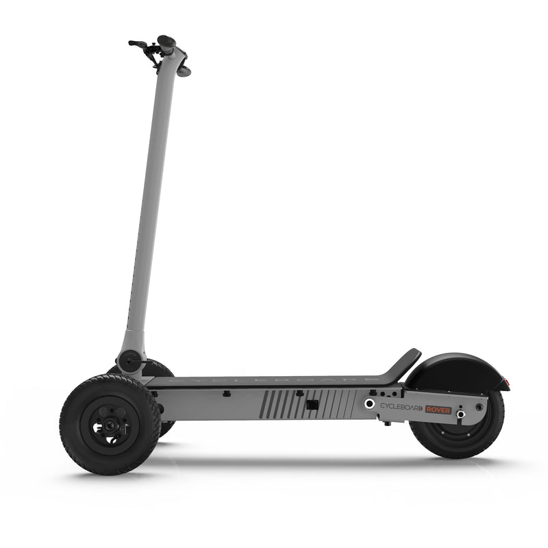 Side view of a CycleBoard Rover electric skateboard, showcasing its sleek deck and sturdy wheels.