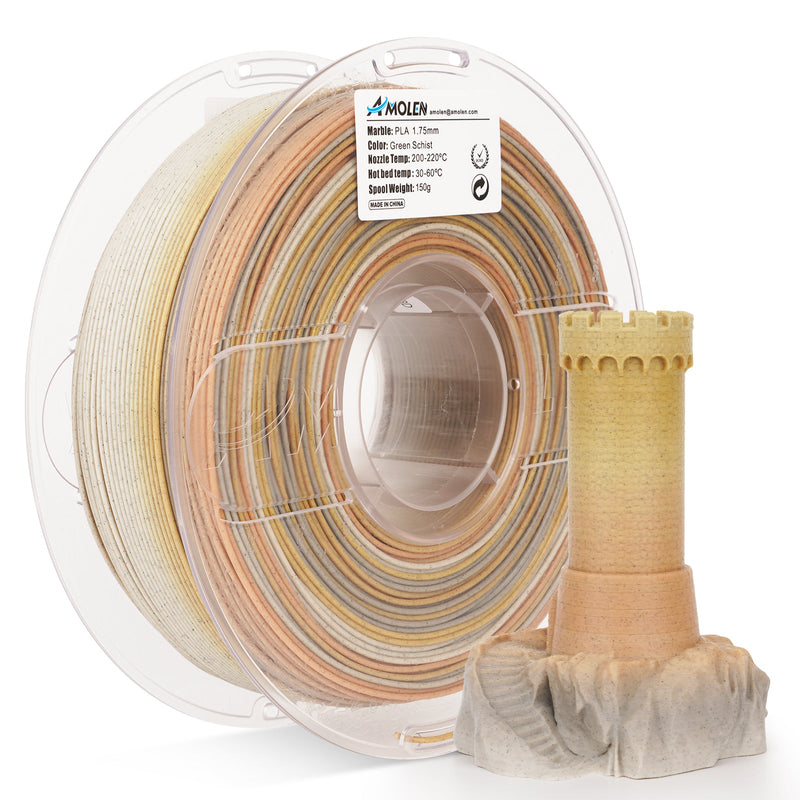 Green marble-colored Amolen PLA filament, 1.75mm, 1kg spool, ideal for 3D printing projects.