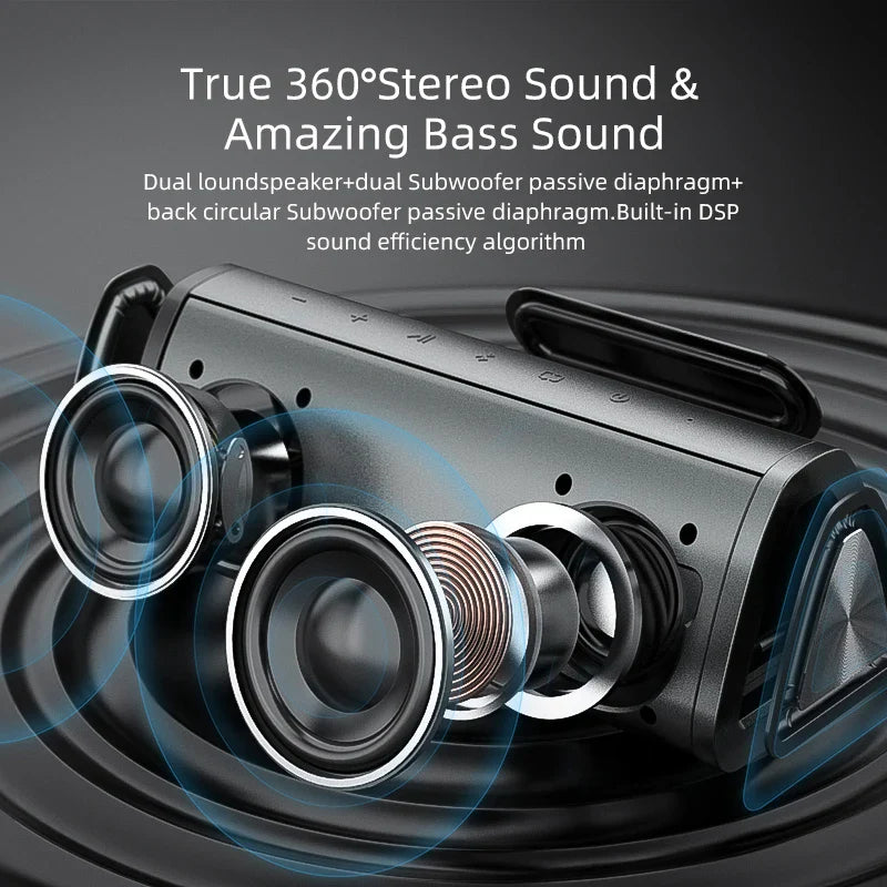 Electronics Den A10+ portable Bluetooth speaker with compact design and built-in controls, shown on a neutral background.