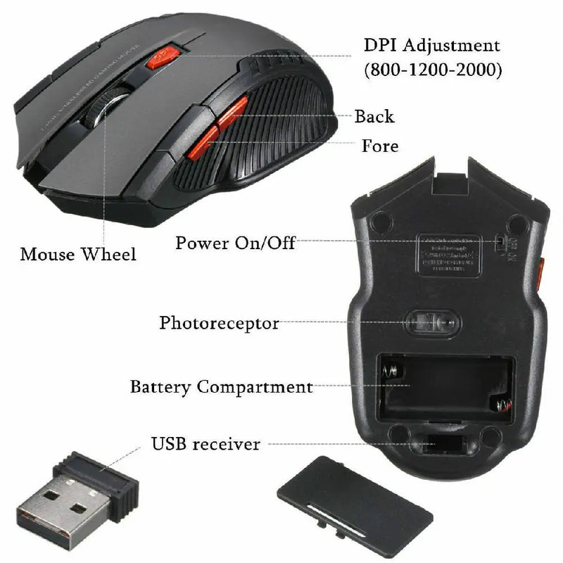 Wireless optical gaming mouse with 2.4GHz connection, compact design, and ergonomic shape by Electronics Den.