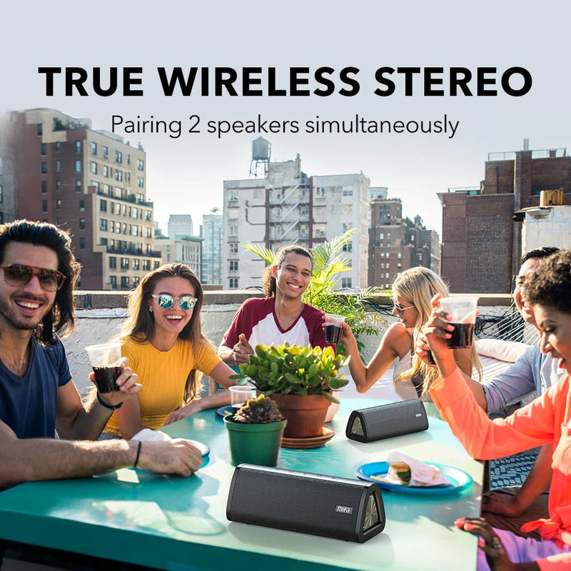 Electronics Den A10+ portable Bluetooth speaker showing a sleek black design with control buttons on top