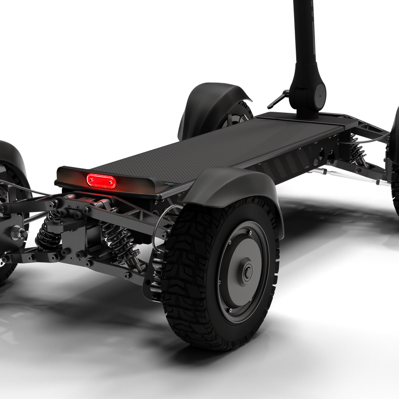 Close-up of the back of the CycleBoard X-Quad 3000 electric skateboard showing its sleek design and rear wheels.
