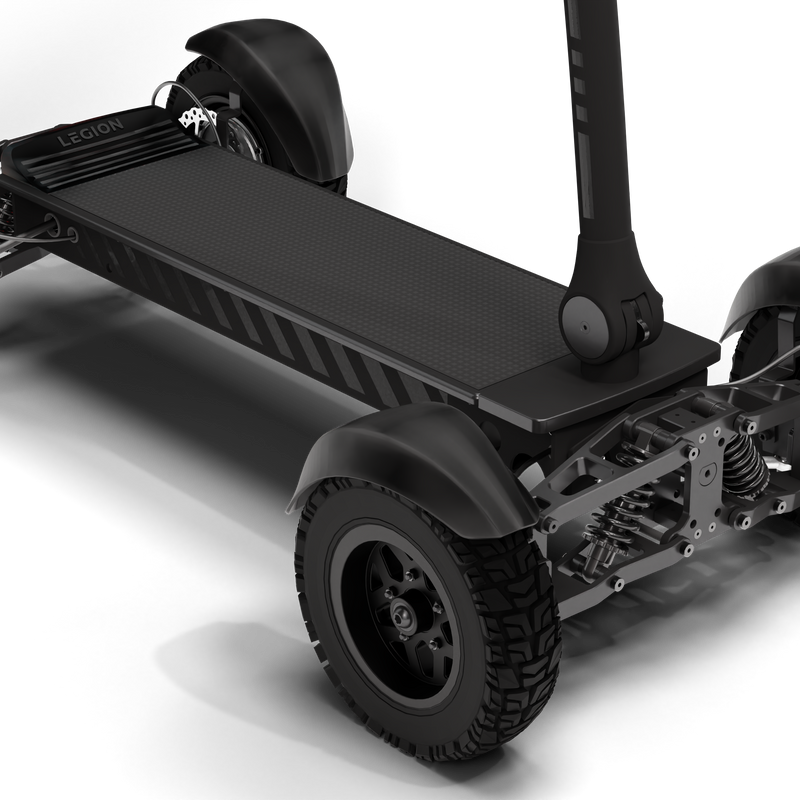 Close-up of the front of a CycleBoard X-Quad 3000 electric board, showing its sleek design and front wheel.