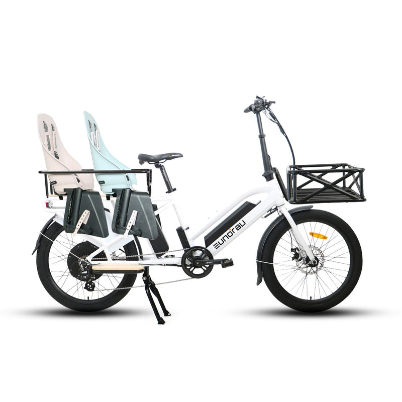 EUNORAU E-BIKE US MAX-CARGO 2.0 electric bicycle with a safety baby seat attached and sturdy cargo rack.