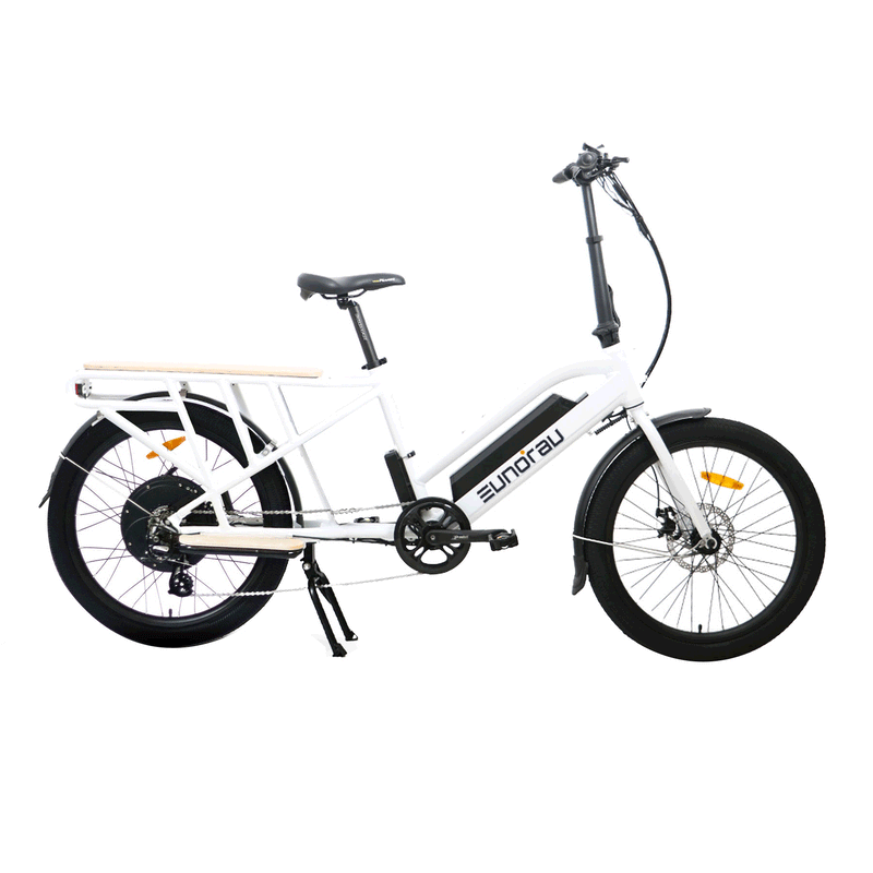 EUNORAU MAX-CARGO 2.0 electric bicycle with yellow frame and baby seat attached, designed for cargo and passenger transport.