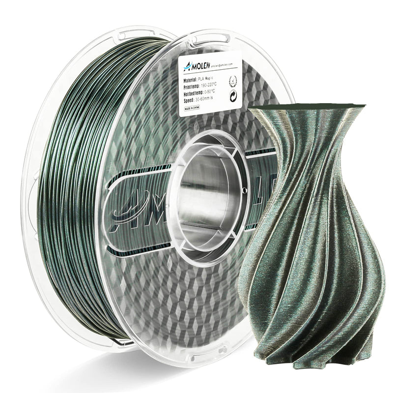 Amolen PLA Galaxy 1.75mm filament in sparkling green color, 1kg spool for 3D printing, shiny and vibrant appearance.