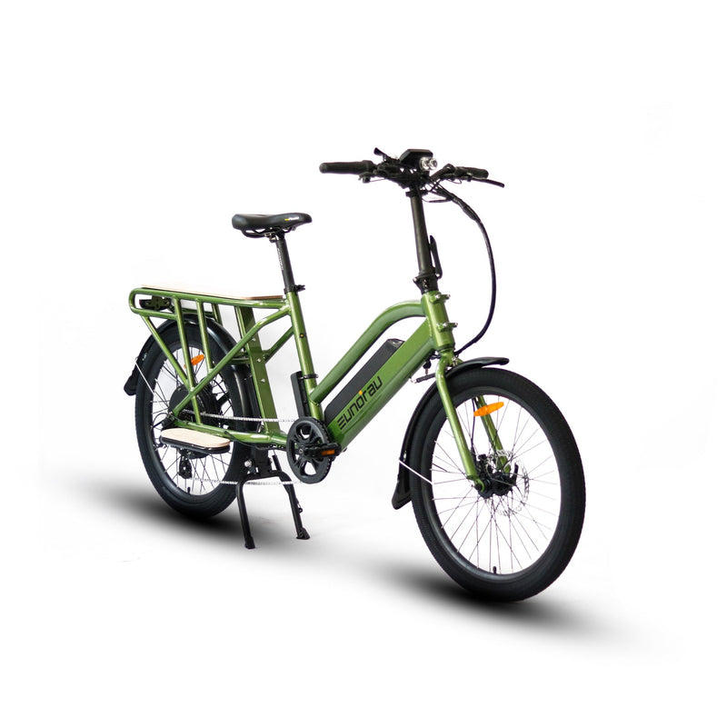 Green MAX-CARGO 2.0 electric bicycle by EUNORAU E-BIKE US, featuring a sturdy frame and cargo rack for versatile transportation.
