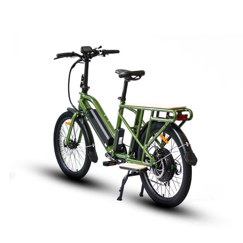 Green MAX-CARGO 2.0 electric bicycle by EUNORAU E-BIKE US, showcasing its cargo rack and sturdy frame.